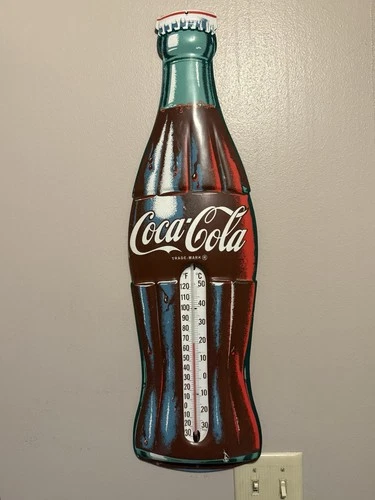 Vintage Die Cut  1985 Metal Coca Cola Thermometer Sign 29 Inches Bottle Shape