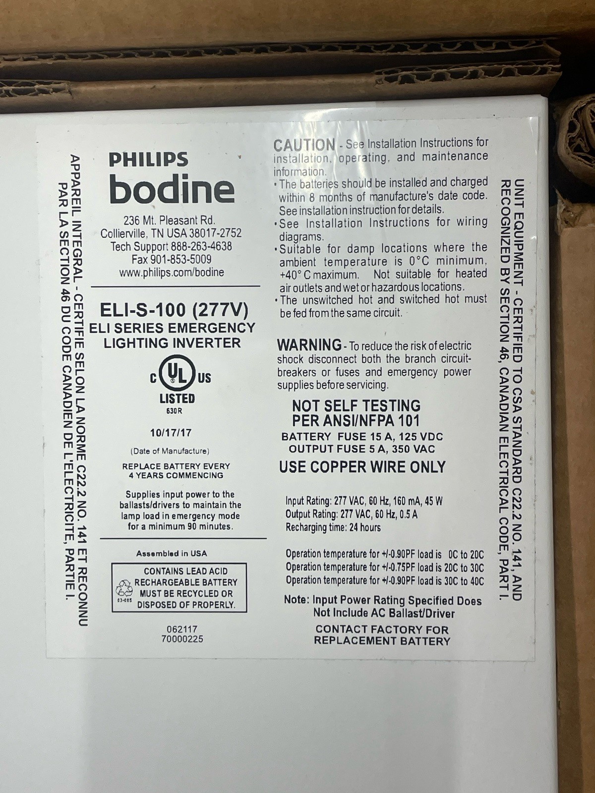 🔥 Phillips Bodine ELI-S-100-277V EM Lighting Inverter Open Box New w/ Battery