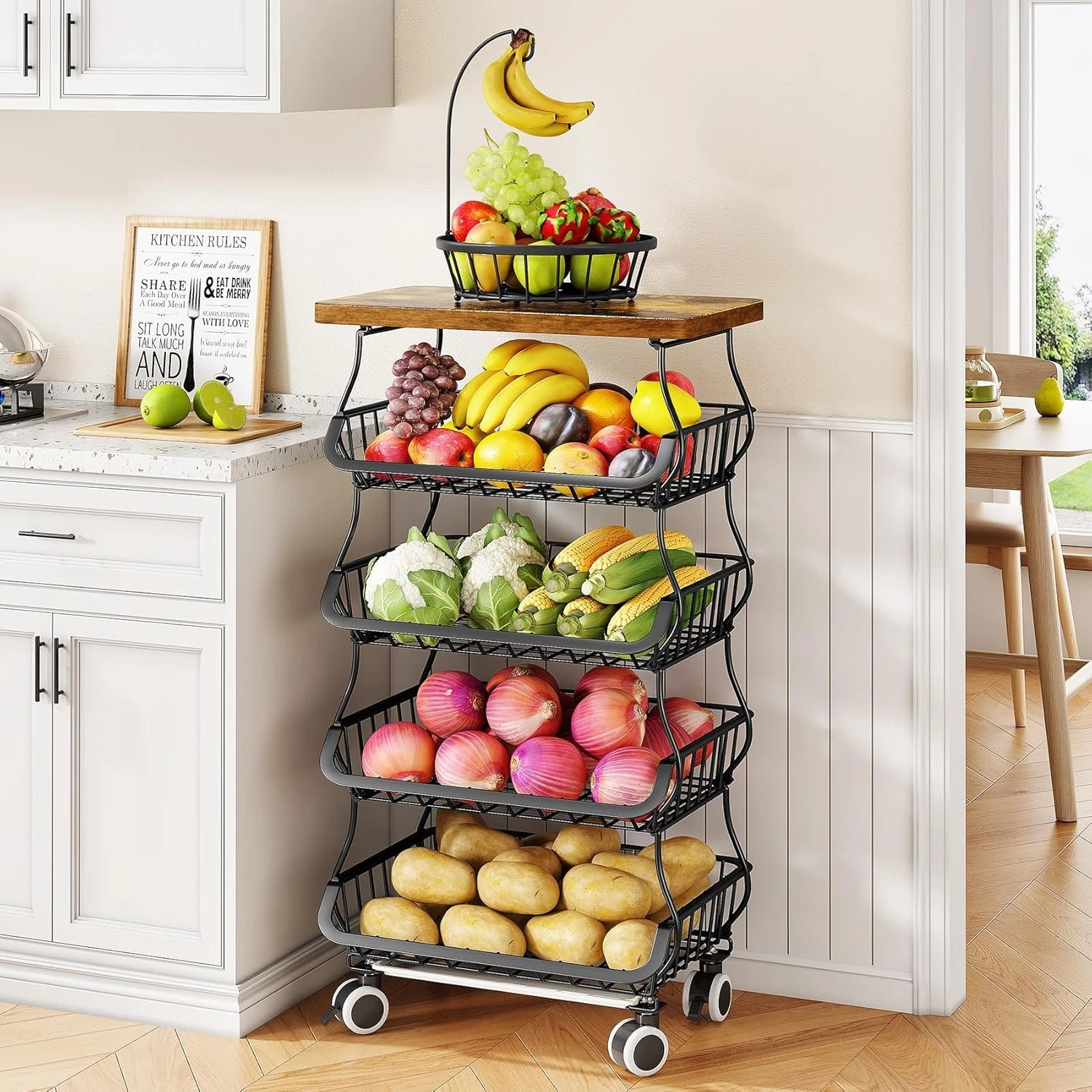Fruit Basket Kitchen Pantry Organizers & Storage Wooden Top Table Stackable