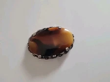 Kelly Waters Brown Agate Silver Tone Brooch Oval Pin or Pendant