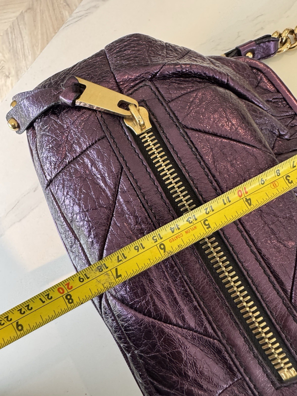 Marc Jacobs STAM Purple Leather Quilted Shoulder Bag Gold Chain Strap Zip image 8