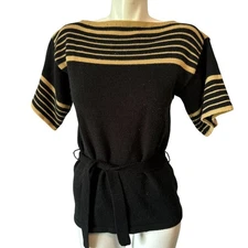 Vtg 70s Black Brown Hand Loomed Medium Sweater Acrylic Womens Belted Hippie