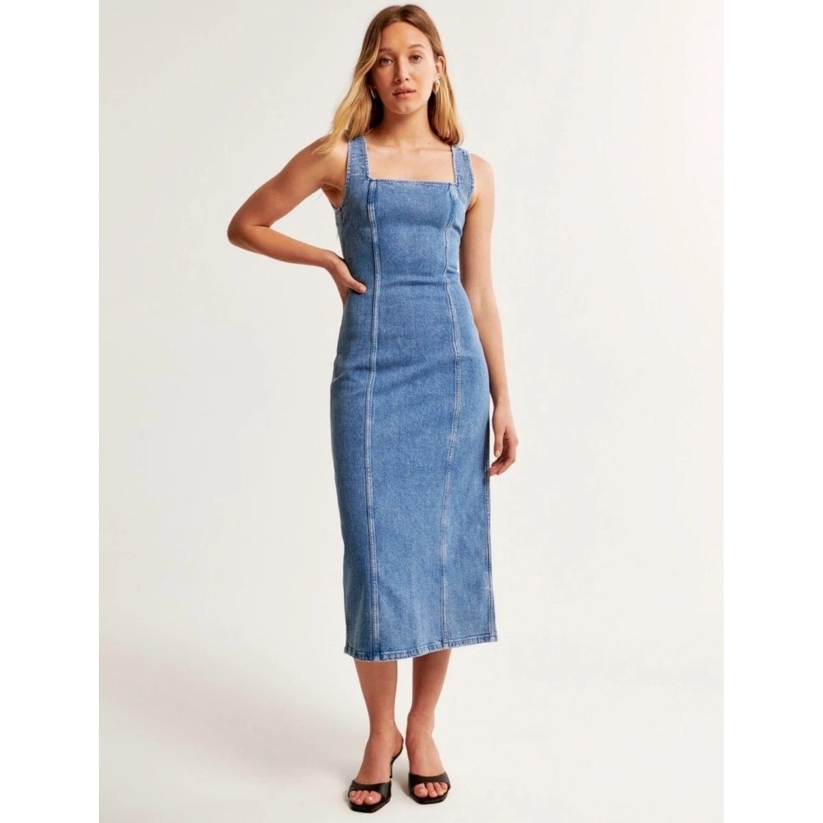 abercrombie denim dress Abercrombie & Fitch dipped waist cross-back denim mini dress in indigo wash