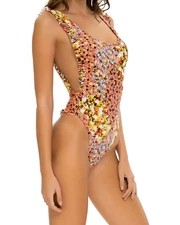 Luli Fama Garden Nights Ruffle Tank  Open Sides Thong One-piece Swimsuit Size S