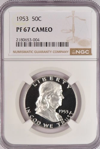 1953 Franklin Half Dollar Proof NGC PF 67 CAMEO PR67CAM Frosty Silver Coin 50C