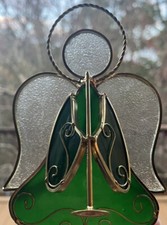 VTG Christmas Stained Glass Angel Playing Horn Votive Candle Holder Green Gold