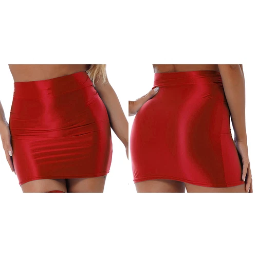 Sexy Damen glänzend Stretch Bleistift Bodycon Röcke hohe Taille Minirock Clubwear - Bild 46 von 90