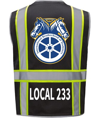   TEAMSTERS UNION BLACK REFLECTIVE SAFETY VEST   FREE ADD LOCAL. SIZE M-4XL