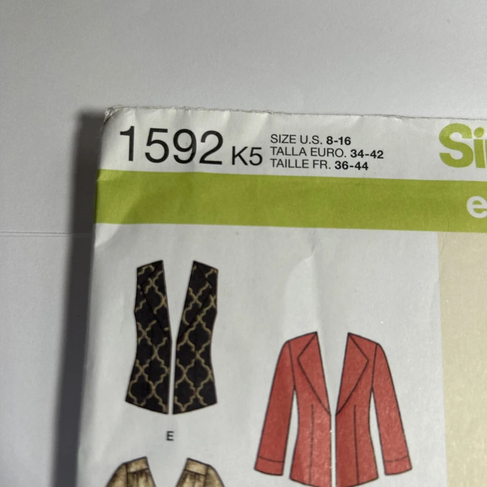 Simplicity Pattern 1592 Misses Pants~V-Neck Dress or Tunic~Jacket~Vest Sz 8-16 - Image 2 of 4
