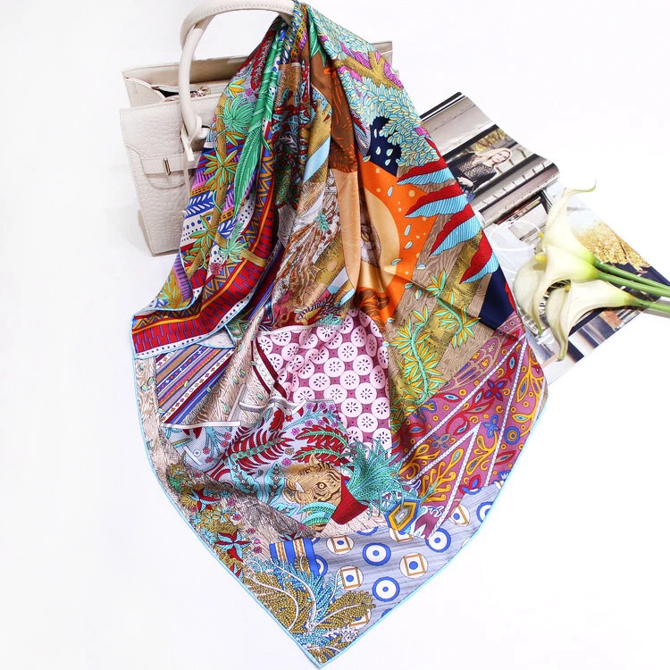 Pure Twill Silk Wrap Square Scarf Floral Night Print Hijab Kerchief Shawl 90cm