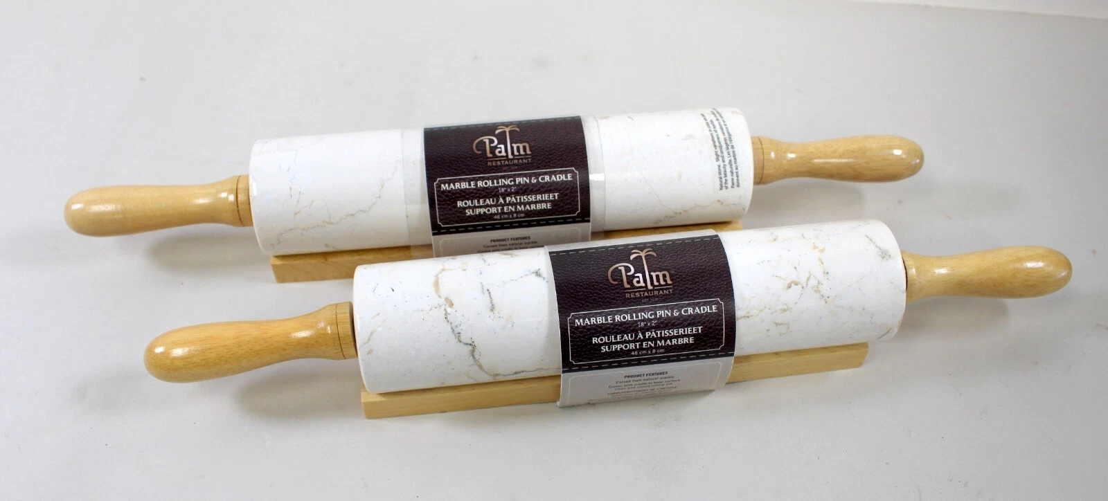 PALM MARBLE ROLLING PIN WITH WOOD HANDLES AND CRADLE, WHITE/GRAY (Lot of 2)