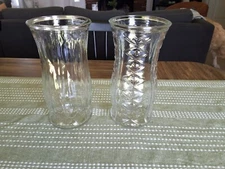 E. O. Brody Co Vase's Cleveland Ohio Clear Glass  9 1/2" unmatched set
