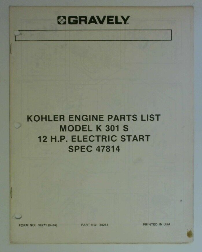 Gravely Kohler Engine Parts List Model K 301 S Spec 47814 | eBay