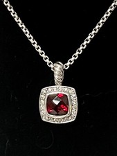 David Yurman Petite Albion Necklace Sterling Silver w/ Garnet  Pave  Diamonds