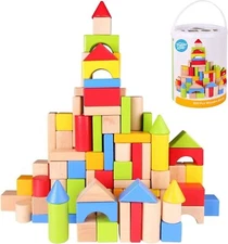 Wooden Blocks - 100 Pcs - Building Blocks for Toddlers - Includes Storage Con...