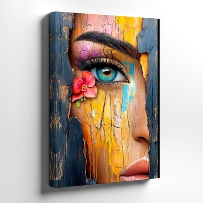 Wall Art Woman Face Blue Eye Floral Weathered Wood Texture Boho Office Print