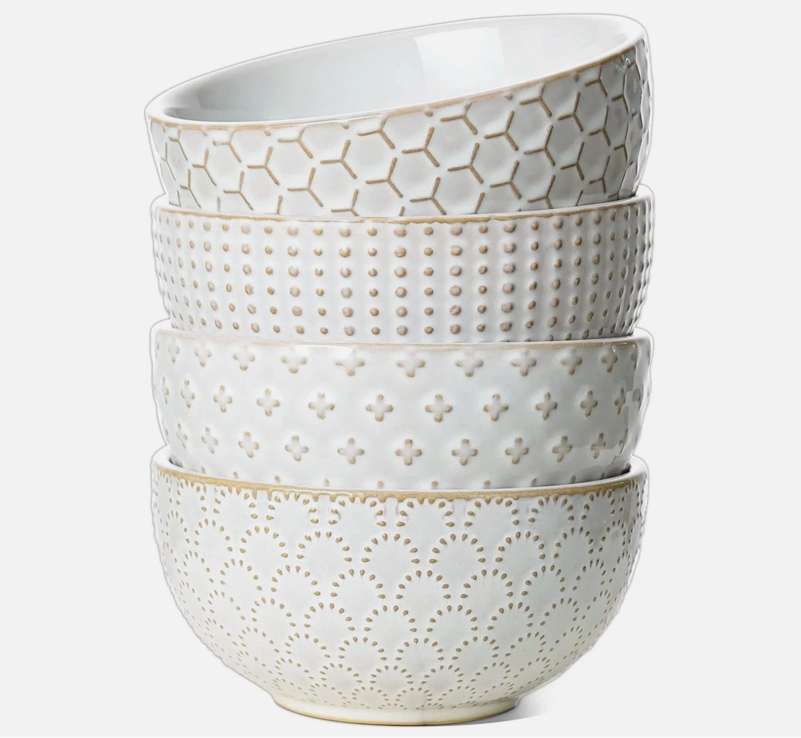 Le Tauci 4.5 inch white embossed ceramic bowls set of 4 in protective packaging