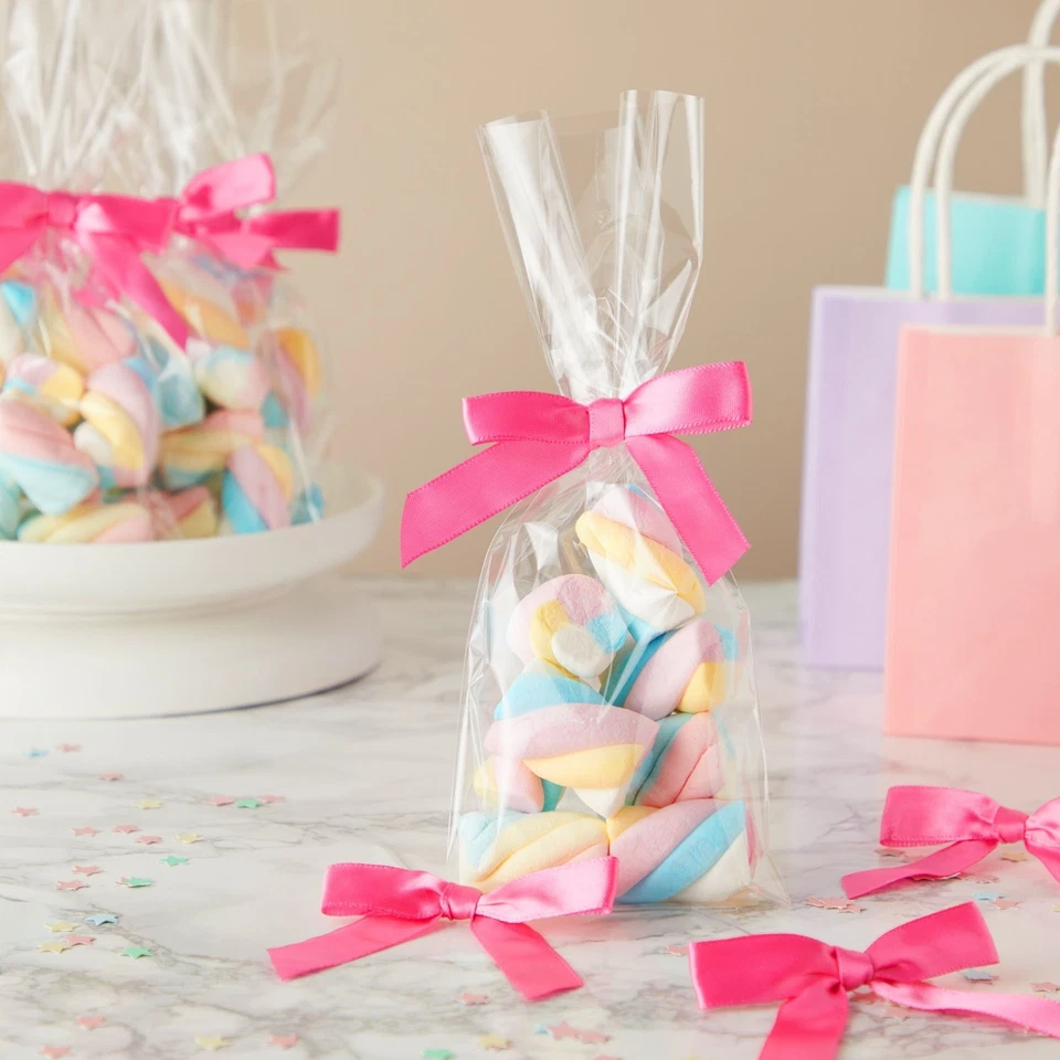 Paquete de 100 lazos de corbata torcidos de cinta de satén rosa para envolver regalos artesanías, 2,5 x 3 pulgadas Foto 2 de 4