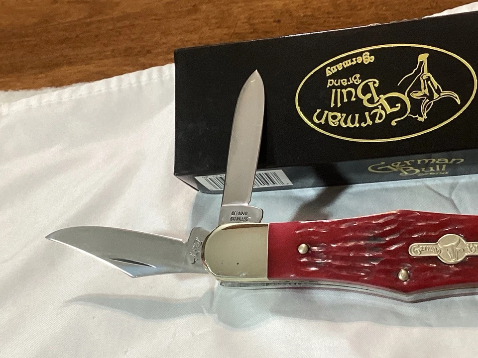 German Bull Jumbo Whittler Knife red bone, 5" closed, unused in box - Image 3 of 4