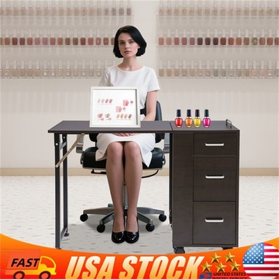 Rolling Nail Desk Folding Mobile Manicure Table W/ Drawer for Beauty Salons Use