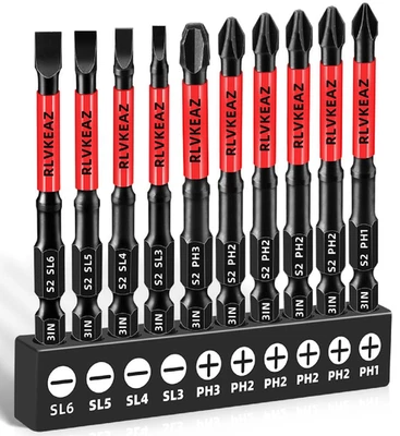 RLVKEAZ 10-PCS 3" Long Magnetic Screwdriver Bits Set: Phillips Bits #1/#2/#3 & Slotted H