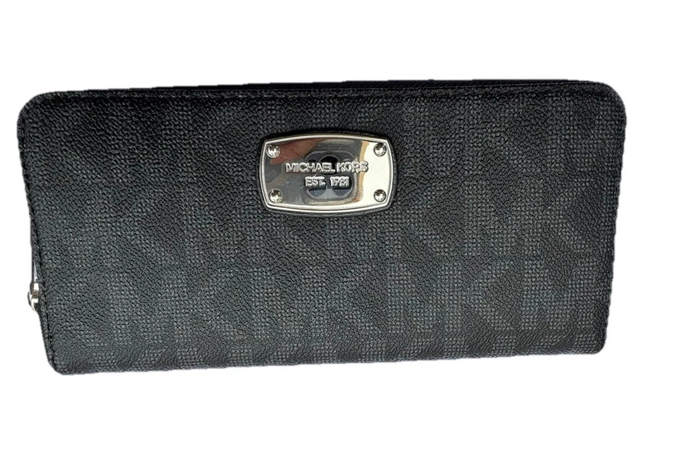 全新 Michael Kors Jet Set Travel ZipAround 腕带钱包 黑色 签名 MKLogo — 第 4/4 张图片