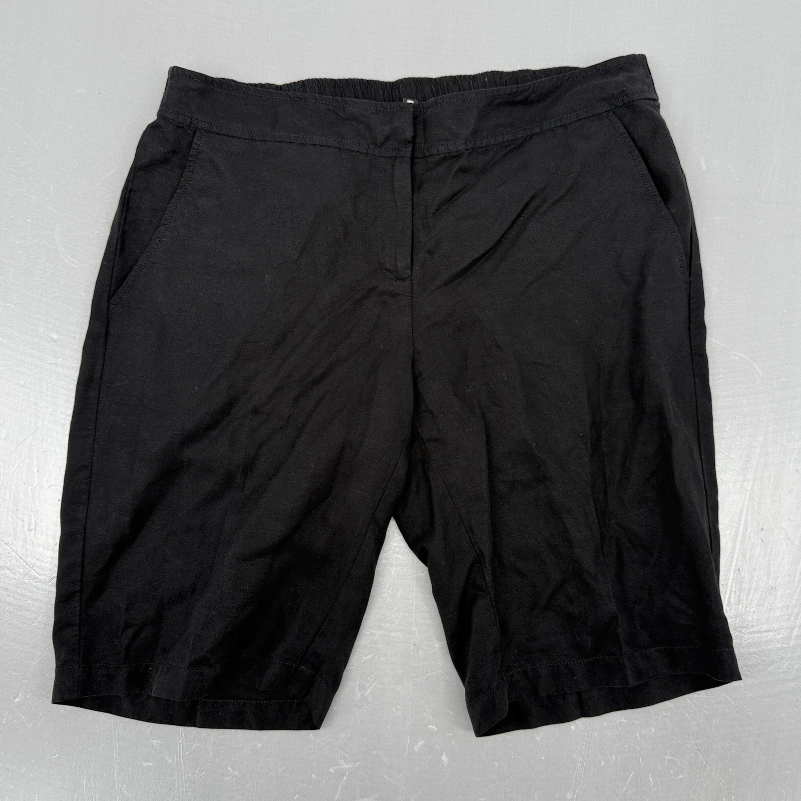 Eileen Fisher Black Tencel Linen Blend Elastic Back Bermuda Shorts Womens Medium
