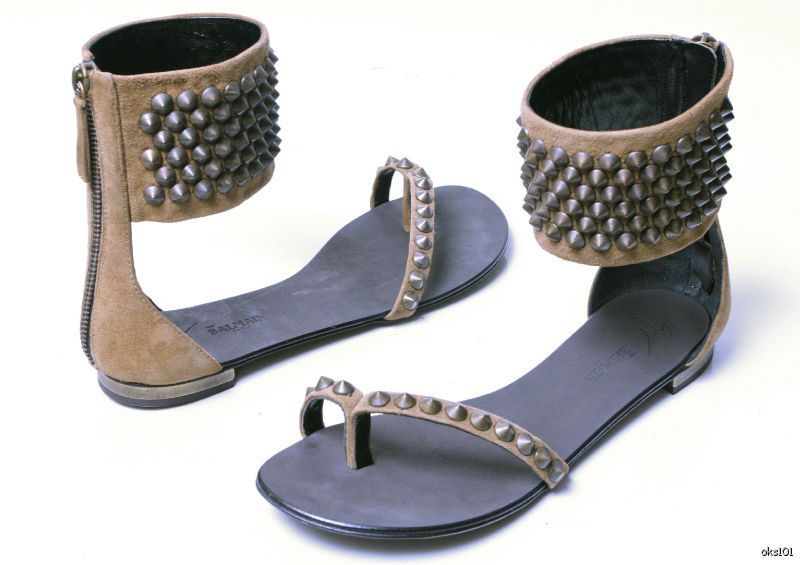 GIUSEPPE ZANOTTI BALMAIN taupe STUDDED GLADIATOR flat shoes sandals new  $1125