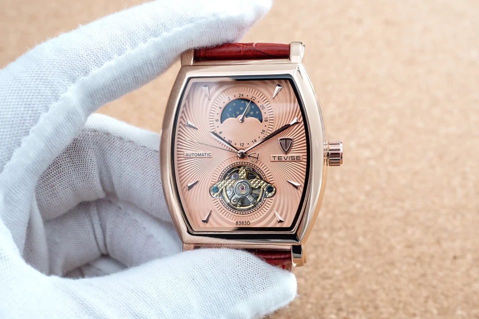 Reloj mecánico automático fase lunar oro rosa para hombre cuero rojo esfera 24 horas Foto 4 de 4