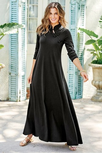 Soft Surroundings Black Dynasty Maxi Dress Mandarin Collar XS $120 - Photo 1/2