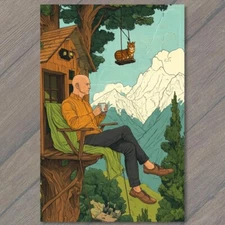 Art Print Man Bald Figure with Coffee Surreal Nature Scene Vibrant Colors Relax