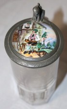 antique 1800's hand painted porcelain glass pewter German lidded beer stein mug.