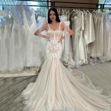 Sweetheart Mermaid Wedding Dresses Spaghetti Straps Lace Applique Bridal Gowns