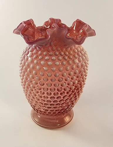 Fenton 8" White Pink Cranberry Hobnail Opalescent Glass Vase with Ruffled Edge