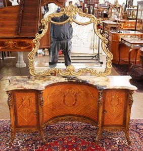 French Louis XV Style Walnut and Satinwood Inlaid Marble Top Vanity Circa 1920's