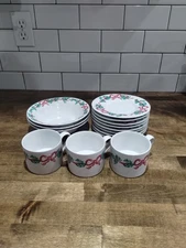 Set Of 14 International Tableworks “Christmas Ribbons” Stoneware Bowl Plate Cup
