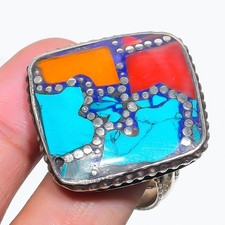 Red  Yellow Coral Turquoise Adjustable Ring Boho Tibetan Nepali Jewelry NR 3410