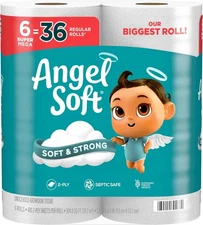 Angel Soft Toilet Paper, 6 Super Mega Rolls = 36 Regular, Soft and Strong Toilet