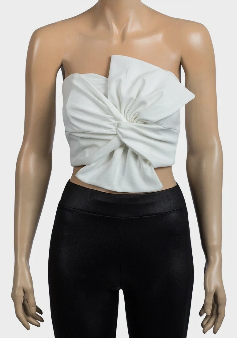 Woman Ladies Top Blouse Shirt Strapless Elastic Ivory White Bow