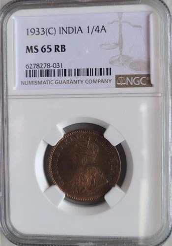 India 1/4 Anna 1933C NGC MS 65 RB