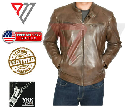 Men's Real Lambskin Soft Brown Leather Classic Slim Fit Motorcycle Biker Jackets