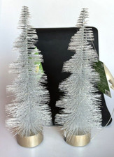 2 Silver LED Light Up Sisal Bottle Brush Glitter Flocked Christmas Trees NEW