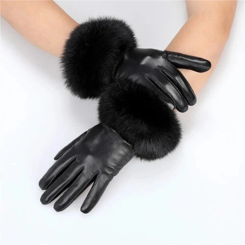 New  Wholesale Women's Faux Sheepskin Pu Leather Gloves  Rabbit Fur Cuffs Gloves - Image 3 of 4