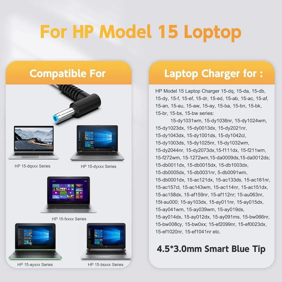 Cargador para portátil HP modelo 14 14 14-dk 14-dq 14-dy 14-df cable de alimentación 45W Foto 4 de 4