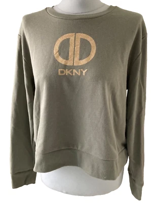 DKNY Pullover Sweatshirt Gr. M grün Brustdruck Glitzer Gold - Bild 1 von 4