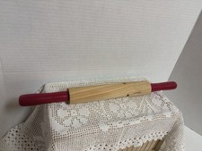 Vintage Wooden Plain Rolling Pin with Red Handles, 15x2&rdquo;, Kitchen Tool EUC