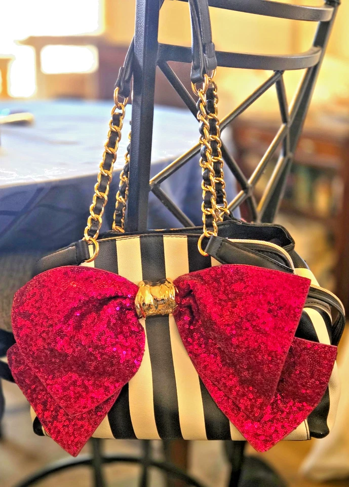 Betsey Johnson Handbag Black And White Stripes with Large Pink Sequins Bow EUC - Image 2 of 4