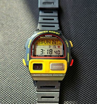 #ad CASIO BP 100 BLOOD PRESSURE MONITOR VINTAGE DIGITAL WATCH 1990 black and yellow $199.99