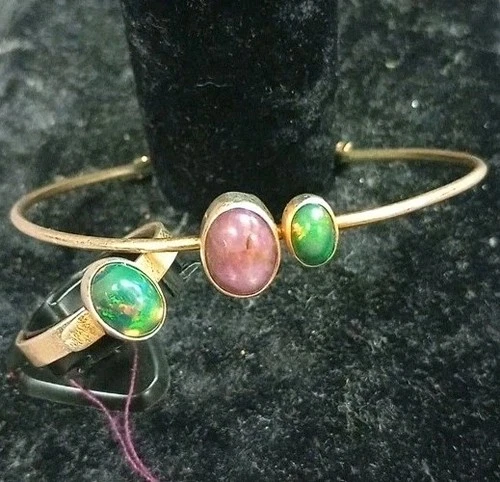 Handmade Natural Black Opal Bracelet And Ring Set 925 Sterling Silver
