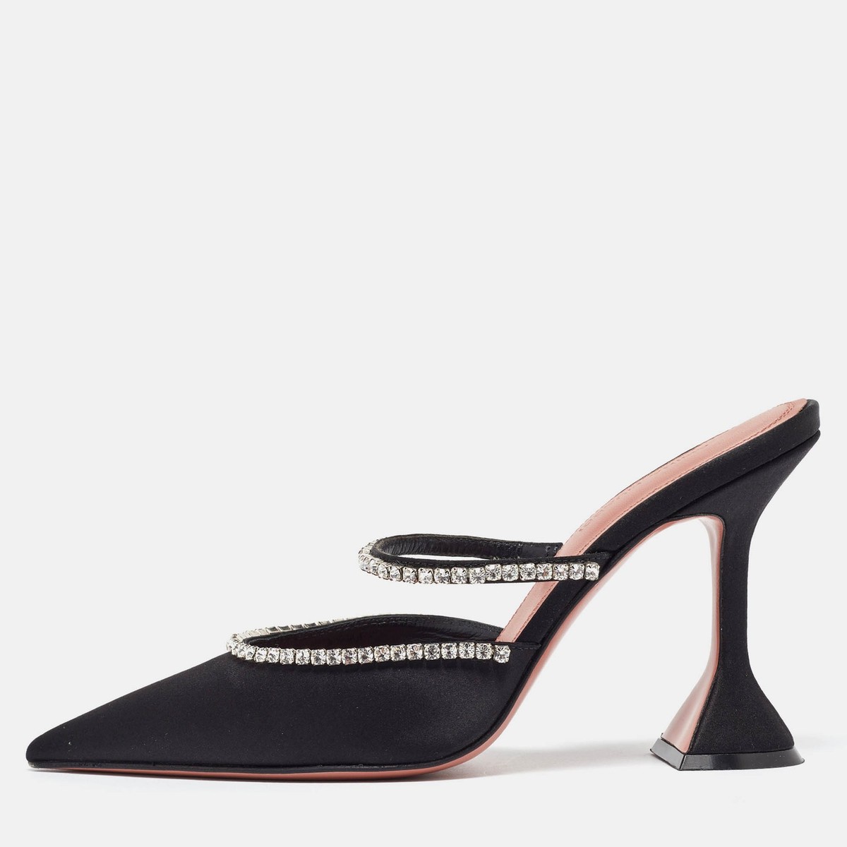 サンダル・ミュール AMINA MUADDI Black Satin Gigi Mules Amina Muaddi Black Satin Crystal Embellished Gilda Mules